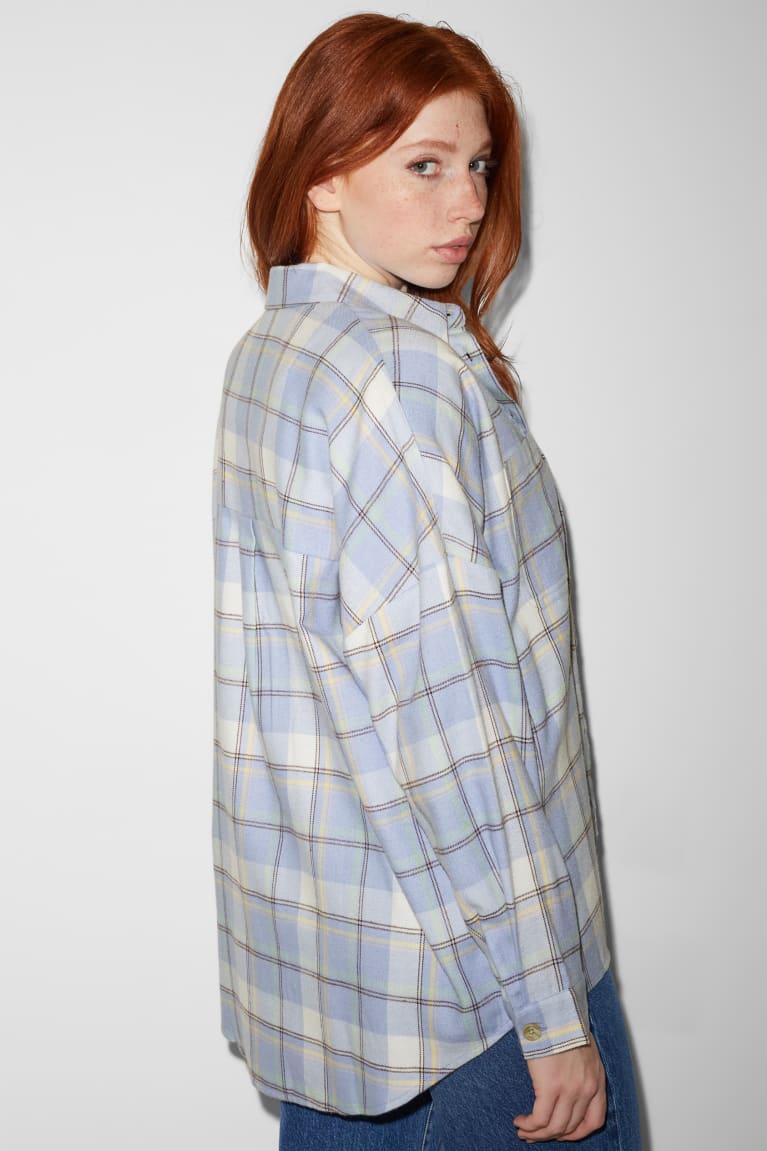 Light Blue C&A Clockhouse Flannel Check Women's Blouses | KGTPW-7038