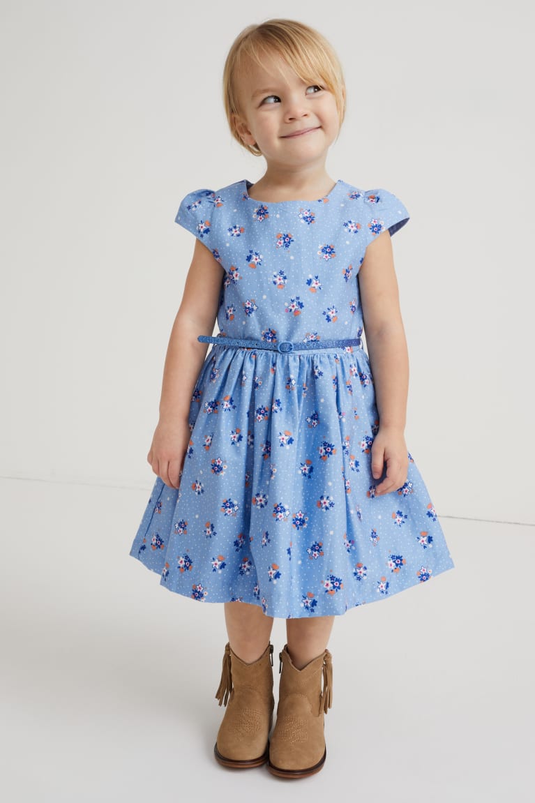 Light Blue C&A With Belt Floral Girls\' Dress | AJOSR-0861