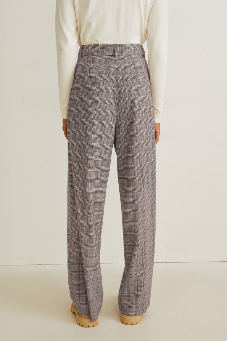 Light Brown C&A Cloth High-rise Waist Wide Leg Check Women's Trousers | EWDRP-5408