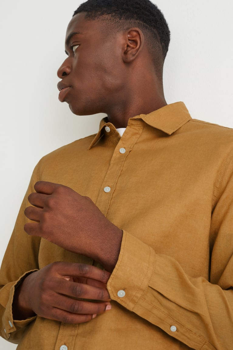 Mustard Yellow C&A Regular Fit Kent Collar With Linen Made From European Flax® Men's Shirts | YWRHV-5864