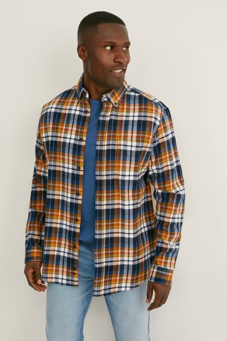 Orange / Dark Blue C&A Flannel Regular Fit Button-down Collar Check Men's Shirts | NBWYC-6154