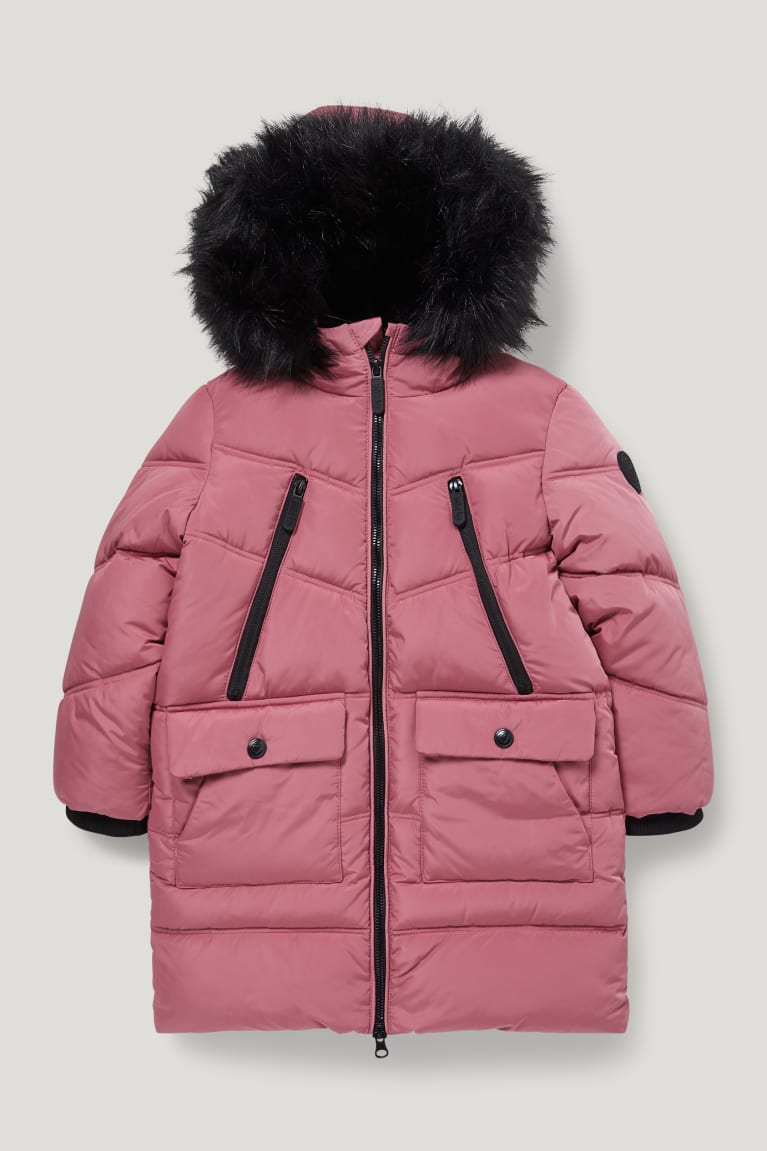 Pink C&A Quilted With Hood And Faux Fur Trim Recycled Girls\' Jackets | FRXCT-5879