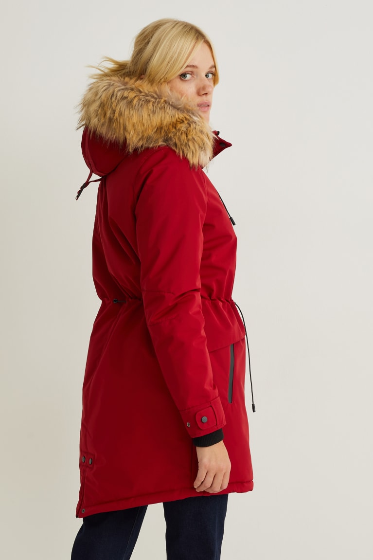 Red C&A Parka With Hood And Faux Fur Trim Winter Women's Coats | TMSXB-0196