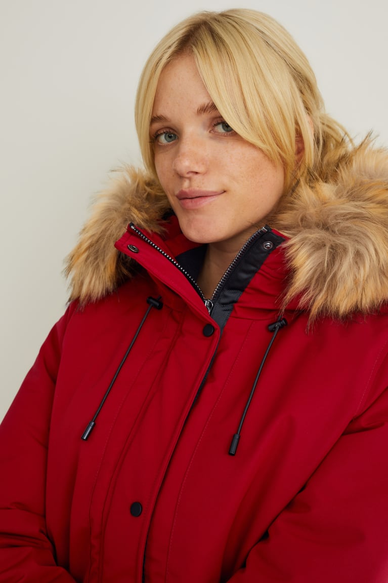 Red C&A Parka With Hood And Faux Fur Trim Winter Women's Coats | TMSXB-0196