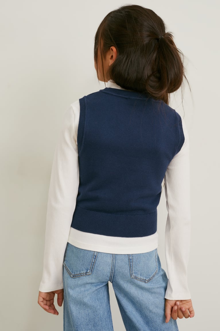 White / Blue C&A Set Slipover And Polo Neck 2 Piece Girls' Top | IJATS-0852