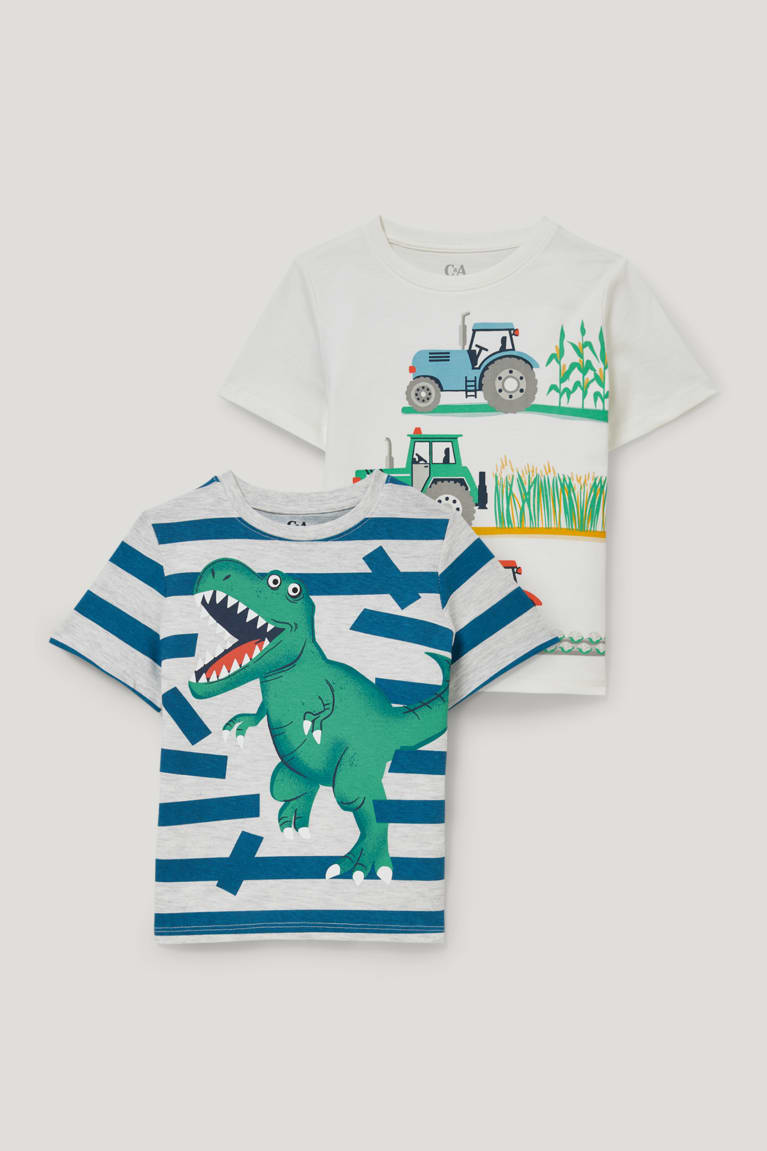 White C&A Multipack Of 2 Tractor And Dinosaur Sleeve Boys\' T-shirts | YJHAZ-0284