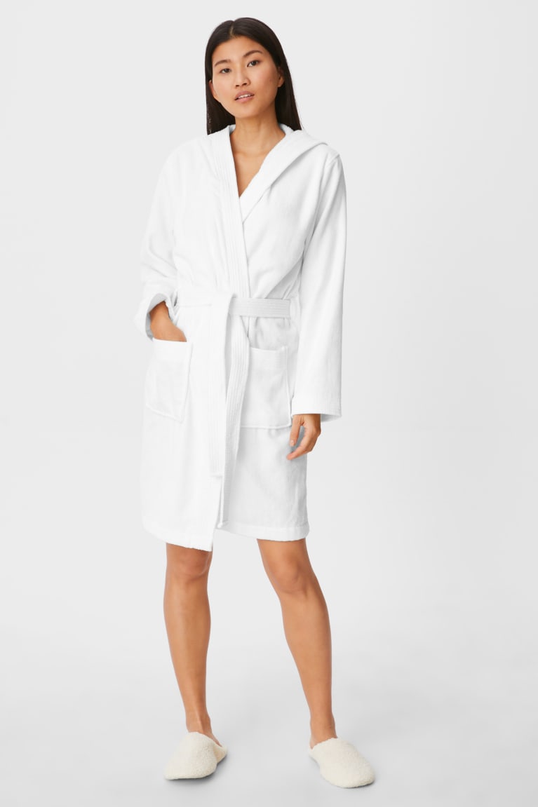 White C&A Terry Bathrobe With Hood Women\'s Nightwear | ISZJY-6487