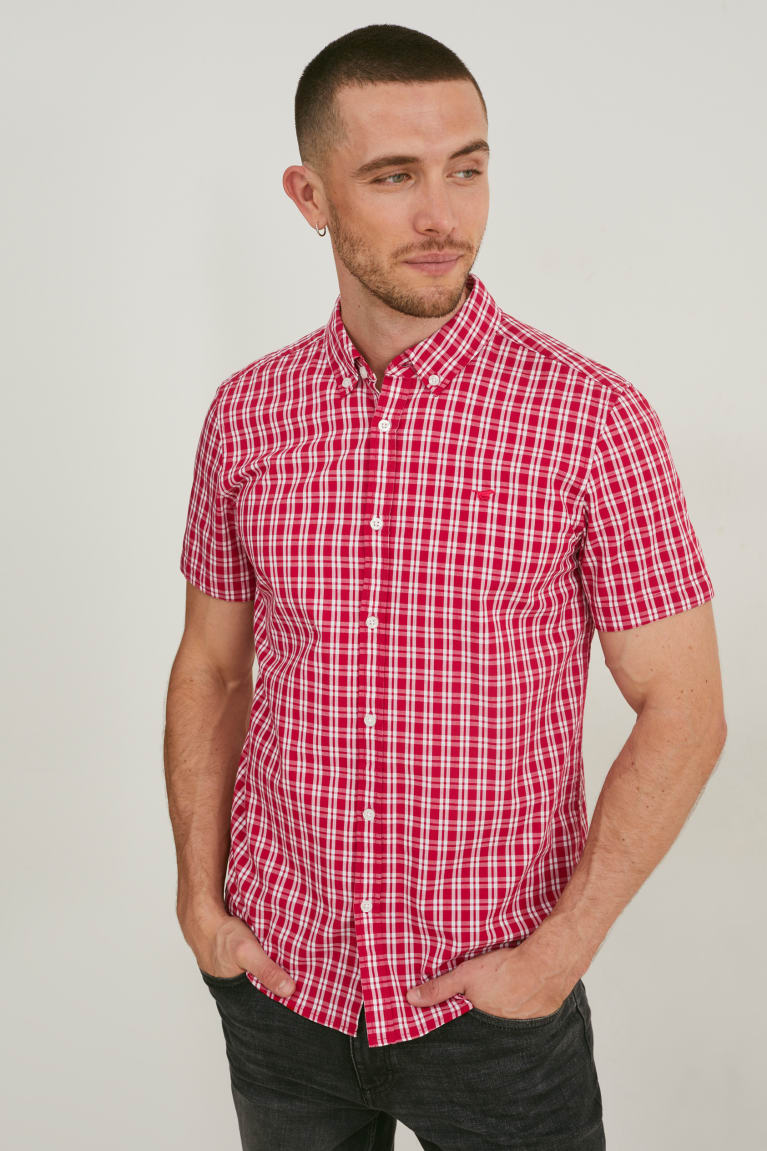 White / Red C&A Mustang Slim Fit Button-down Collar Check Men's Shirts | LKUSN-8519