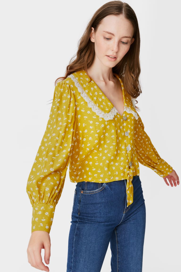 Yellow C&A Clockhouse With Knot Detail Floral Women\'s Blouses | VQFDT-2189